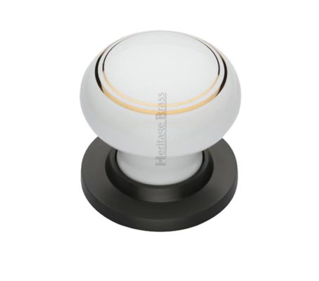 Heritage Brass Gold Line White Porcelain Mortice Door Knobs, Matt Bronze Rose (sold in pairs)