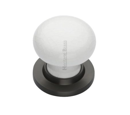Heritage Brass White Crackle Porcelain Mortice Door Knobs, Matt Bronze Rose (sold in pairs)