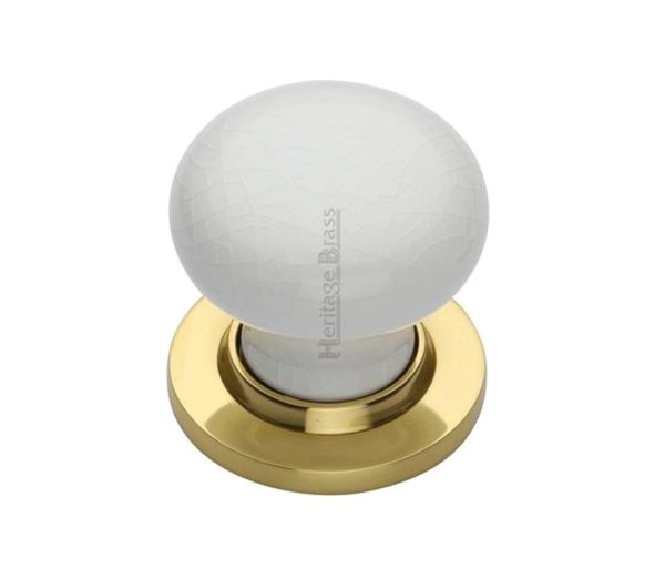 Heritage Brass White Crackle Porcelain Mortice Door Knobs, Polished Brass Rose (sold in pairs)