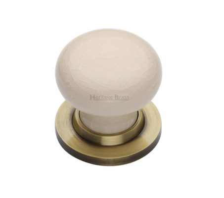 Heritage Brass Cream Crackle Porcelain Mortice Door Knobs, Antique Brass Rose (sold in pairs)