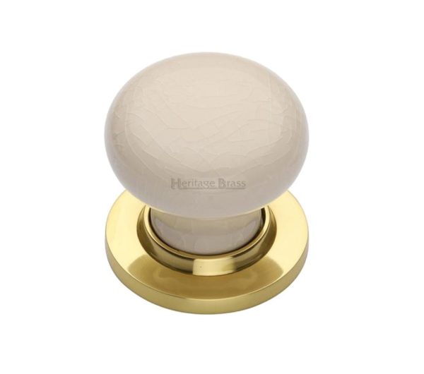 Heritage Brass Cream Crackle Porcelain Mortice Door Knobs, Polished Brass Rose (sold in pairs)