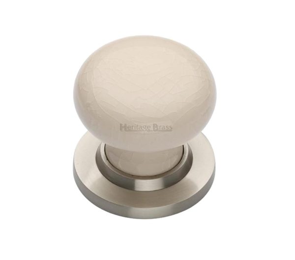 Heritage Brass Cream Crackle Porcelain Mortice Door Knobs, Satin Nickel Rose (sold in pairs)