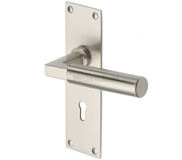 Heritage Brass Bauhaus Low Profile Door Handles On Backplate, Satin Nickel (sold in pairs)