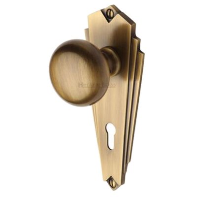 Heritage Brass Broadway Art Deco Style Door Knobs On Backplate, Antique Brass (sold in pairs)