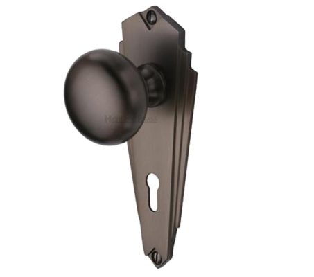 Heritage Brass Broadway Art Deco Style Door Knobs On Backplate, Matt Bronze (sold in pairs)