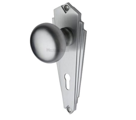 Heritage Brass Broadway Art Deco Style Door Knobs On Backplate, Satin Chrome (sold in pairs)