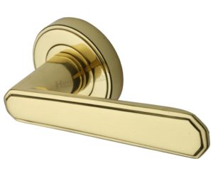 Heritage Brass Century Art Deco Style Door Handles On Round Rose, Polished Brass (sold in pairs)
