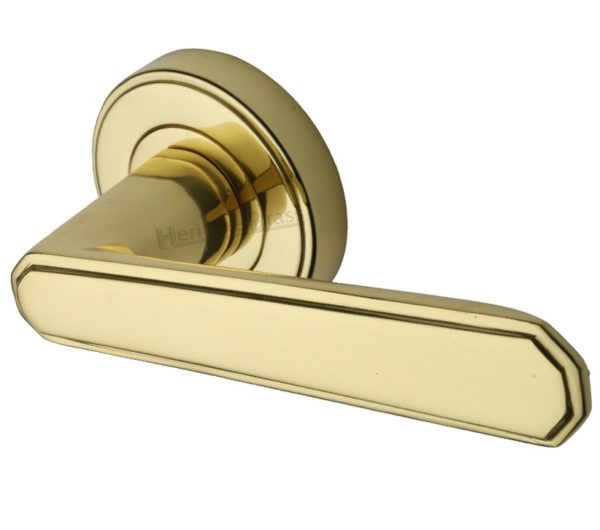 Heritage Brass Century Art Deco Style Door Handles On Round Rose, Polished Brass (sold in pairs)