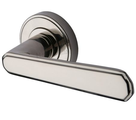 Heritage Brass Century Art Deco Style Door Handles On Round Rose, Polished Nickel (sold in pairs)