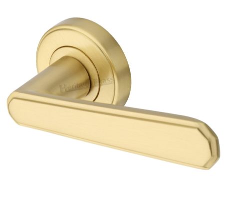 Heritage Brass Century Art Deco Style Door Handles On Round Rose, Satin Brass (sold in pairs)