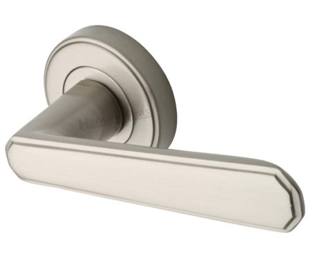 Heritage Brass Century Art Deco Style Door Handles On Round Rose, Satin Nickel (sold in pairs)