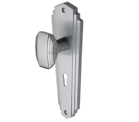 Heritage Brass Charlston Art Deco Style Door Knobs On Backplate, Satin Chrome (sold in pairs)