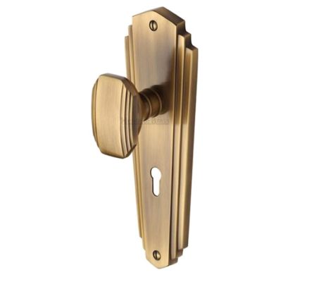 Heritage Brass Charlston Art Deco Style Door Knobs On Backplate, Antique Brass (sold in pairs)