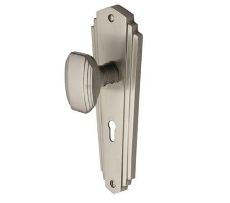 Heritage Brass Charlston Art Deco Style Door Knobs On Backplate, Satin Nickel (sold in pairs)