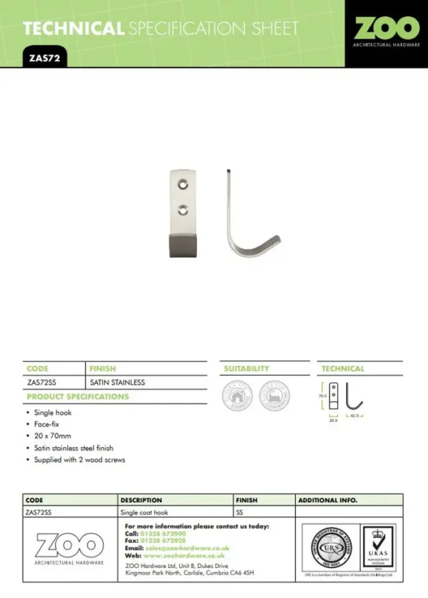 Zoo Hardware Zas Single Coat Hook, Satin Stainless Steel - Image 2