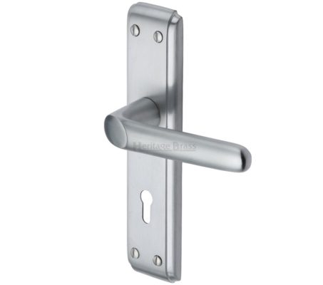 Heritage Brass Deco Door Handles On Backplate, Satin Chrome (sold in pairs)