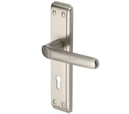 Heritage Brass Deco Door Handles On Backplate, Satin Nickel (sold in pairs)
