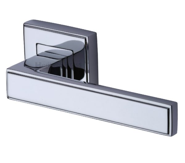 Heritage Brass Linear Polished Chrome Art Deco Style Door Handles On Square Rose (sold in pairs)