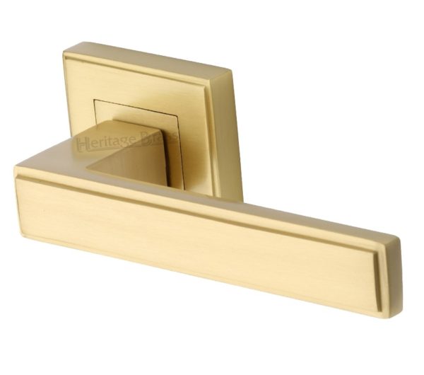 Heritage Brass Linear Satin Brass Art Deco Style Door Handles On Square Rose (sold in pairs)