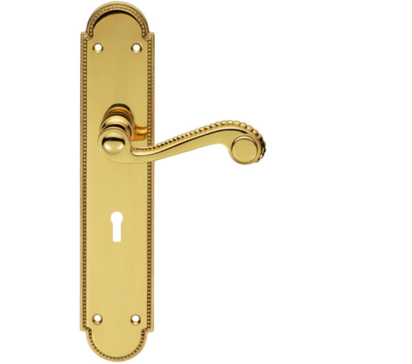 Chesham Door Handles On Long Backplate, Polished Brass (sold in pairs)