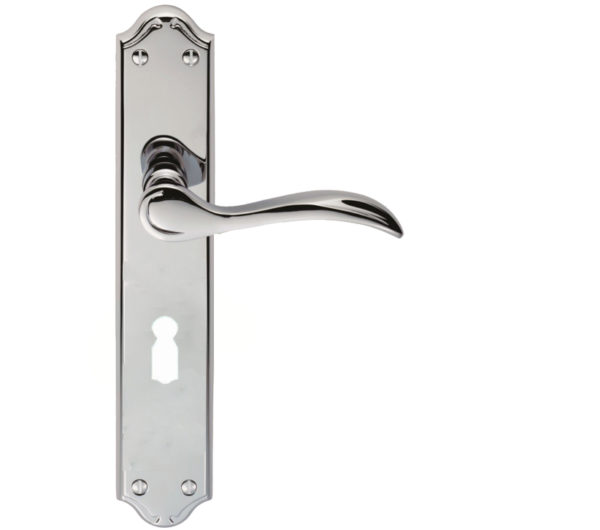 Madrid Door Handles On Long Backplate, Polished Chrome (sold in pairs)