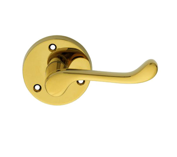 Victorian Scroll Traditional Door Handles On Round Rose, Polished Brass (sold in pairs)