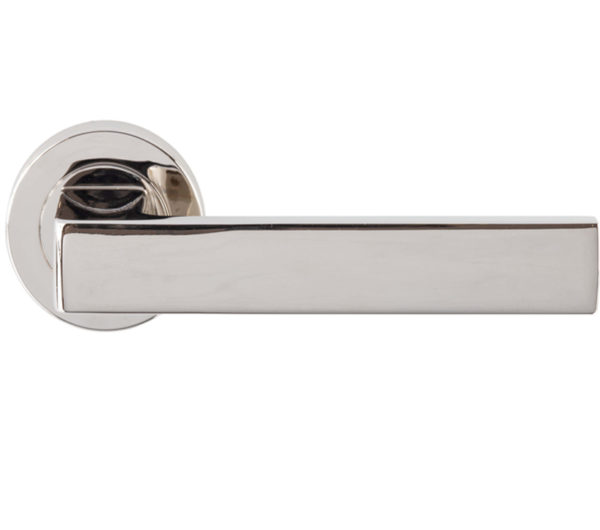 Sasso Door Handles On Round Rose, Polished Nickel (sold in pairs)