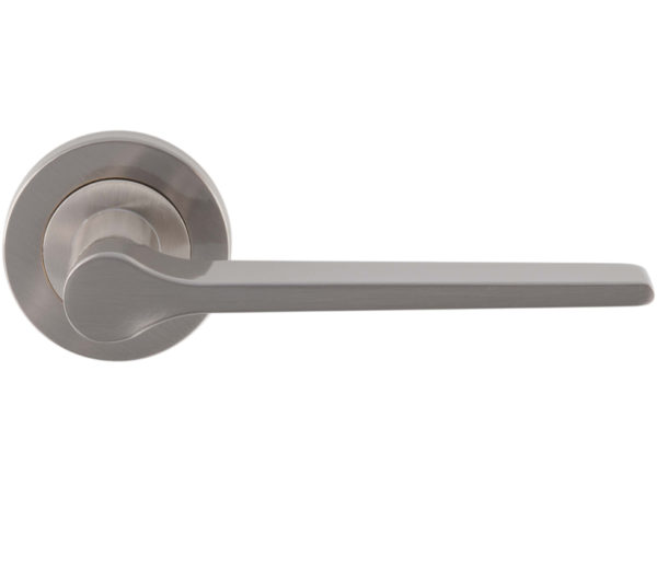 Velino Door Handles On Round Rose, Satin Nickel (sold in pairs)