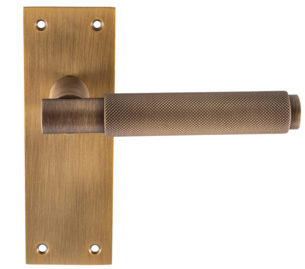 Varese Knurled Door Handles On Slim Backplate, Antique Brass (sold in pairs)