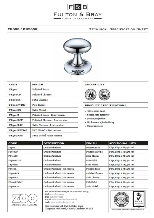 Zoo Hardware Fulton & Bray Oval Mortice Door Knobs, Polished Brass - (Sold In Pairs) - Image 2