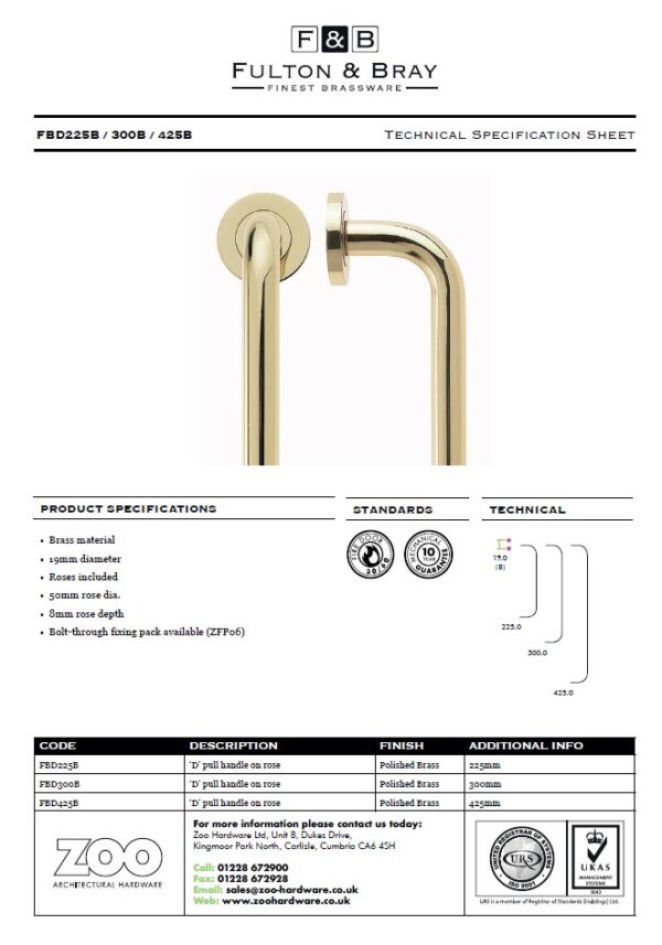 Zoo Hardware Fulton & Bray D Pull Handles (19Mm Bar Diameter), Polished Brass - Image 2