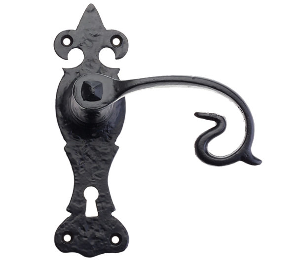 Zoo Hardware Foxcote Foundries Fleur De Lys Door Handles On Backplate, Black Antique (sold in pairs)