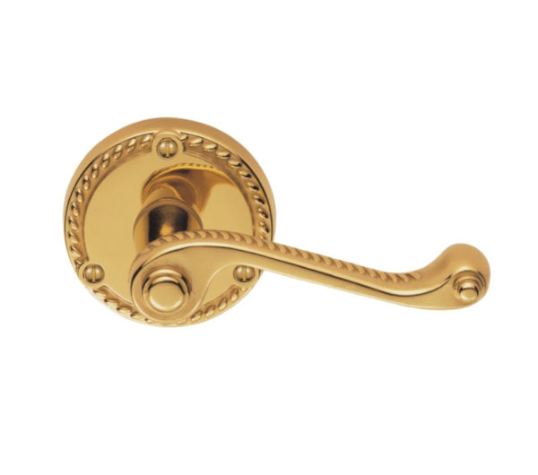 Georgian Door Handles On Round Rose, Polished Brass (sold in pairs)