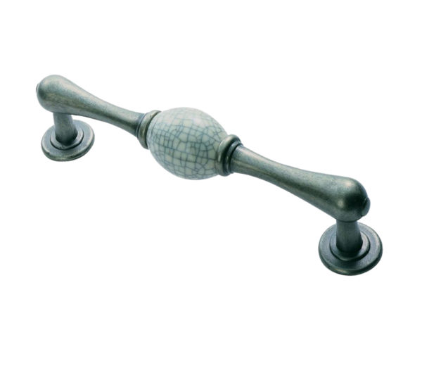 Fingertip Crackle Glaze Porcelain Cabinet Pull Handle (128mm C/C), Antique Steel With Midnight Crackle