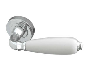 Frelan Hardware Oxford White China Door Handles On Round Rose, Polished Chrome (sold in pairs)