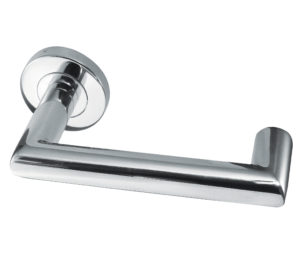 Frelan Hardware Carina Door Handles On Round Rose, Polished Stainless Steel (sold in pairs)