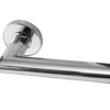 Frelan Hardware Neptune Mitred Door Handles On Round Rose, Polished Stainless Steel (sold in pairs)