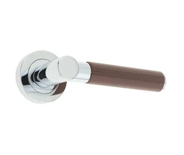 Ascot Door Handle on Rose Brown Leather/Polished Chrome