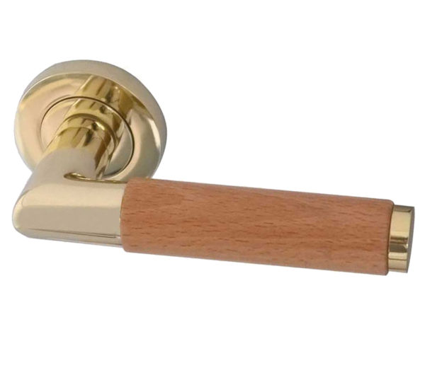 Frelan Hardware Reguitti Havanna Light Wood Door Handles On Round Rose, Polished Brass (sold in pairs)