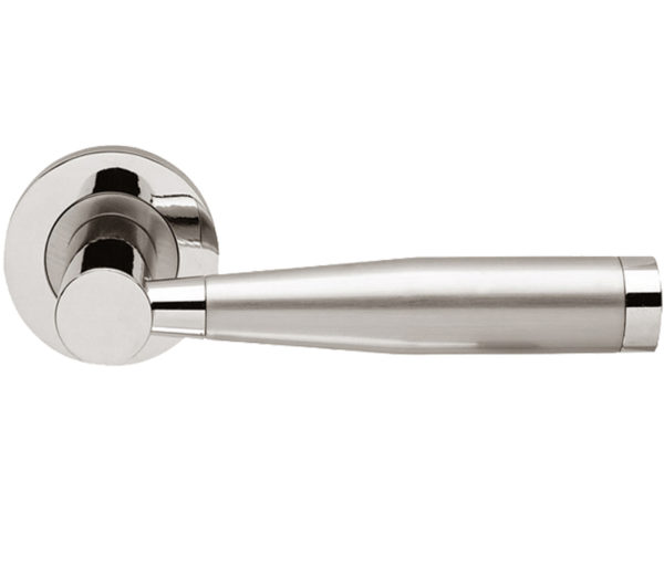 Frelan Hardware Alexander Door Handles On Round Rose, Dual Finish Polished Chrome & Satin Nickel (sold in pairs)