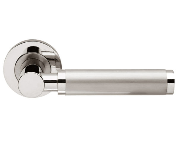 Frelan Hardware Charlotte Door Handles On Round Rose, Dual Finish Polished Chrome & Satin Nickel (sold in pairs)