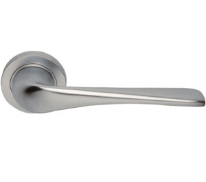 Manital Le Mans Door Handles On Round Rose, Satin Chrome (sold in pairs)
