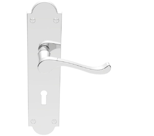 Victorian Scroll Door Handles On Shaped Backplate, Polished Chrome (sold in pairs)