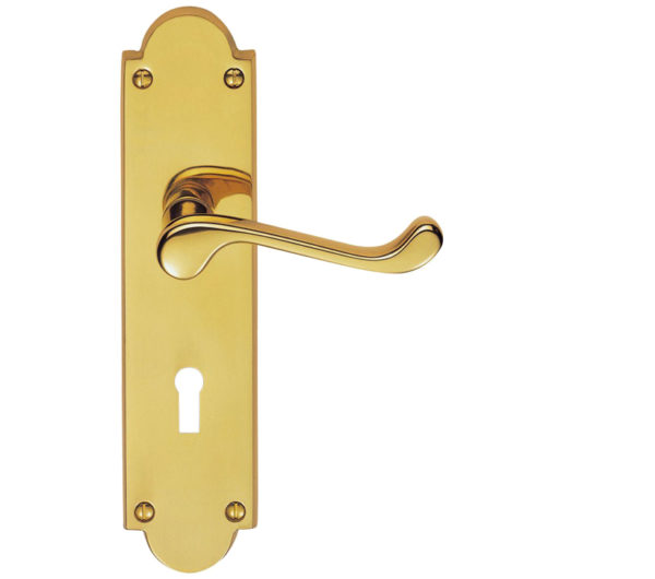 Victorian Scroll Door Handles On Shaped Backplate, Polished Brass (sold in pairs)