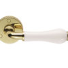 Porcelain Door Handles On Round Rose, Plain White On Polished Brass Rose (sold in pairs)