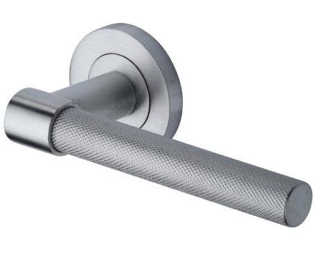Heritage Brass Phoenix Knurled Door Handles On Round Rose, Satin Chrome (sold in pairs)