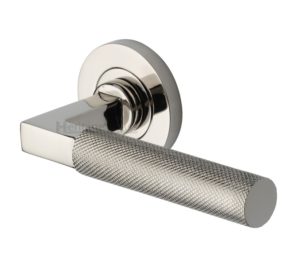 Heritage Brass Signac Knurled Door Handles On Round Rose, Polished Nickel (sold in pairs)
