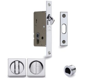 Heritage Brass Square Flush Handle Sliding Door Privacy Lock Set, Polished Chrome