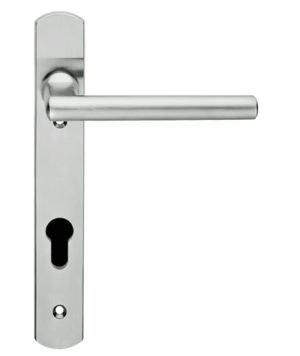 Eurospec Designer Straight Lever Narrow Plate, 92mm c/c, Euro Lock, Stainless Steel Door Handles (sold in pairs)