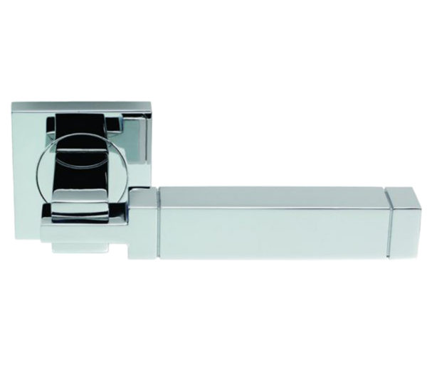 Serozzetta Cube Door Handles On Square Rose, Polished Chrome - (sold in pairs)
